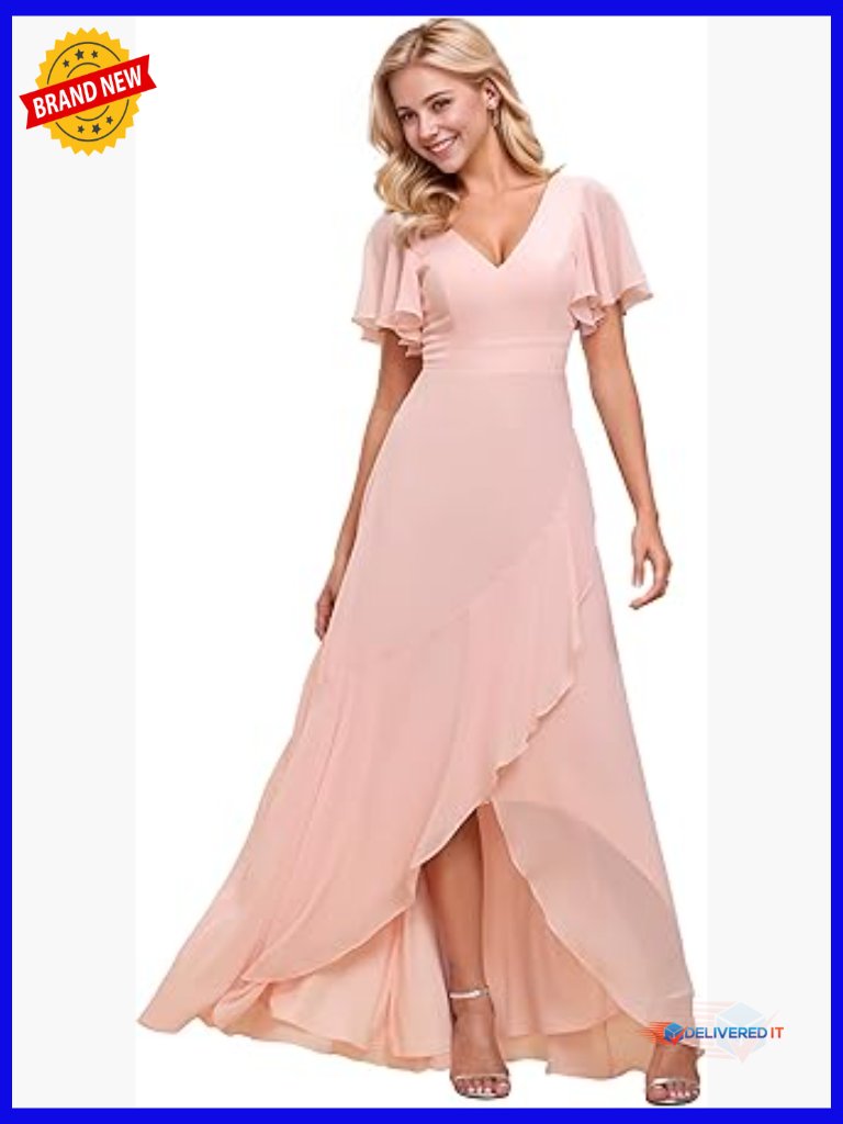 Backless High Low Chiffon Formal Dress V Neck Ruffle Hem A Line